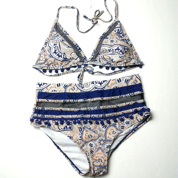 Blue Bohemian Tassel High Waist Bikini Swimsuit - Picture 3 of 4
